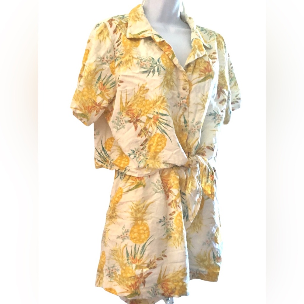 ana Short Set Sz Large Yellow Pineapple High Waist Shorts Tie Shirt Linen Rayon